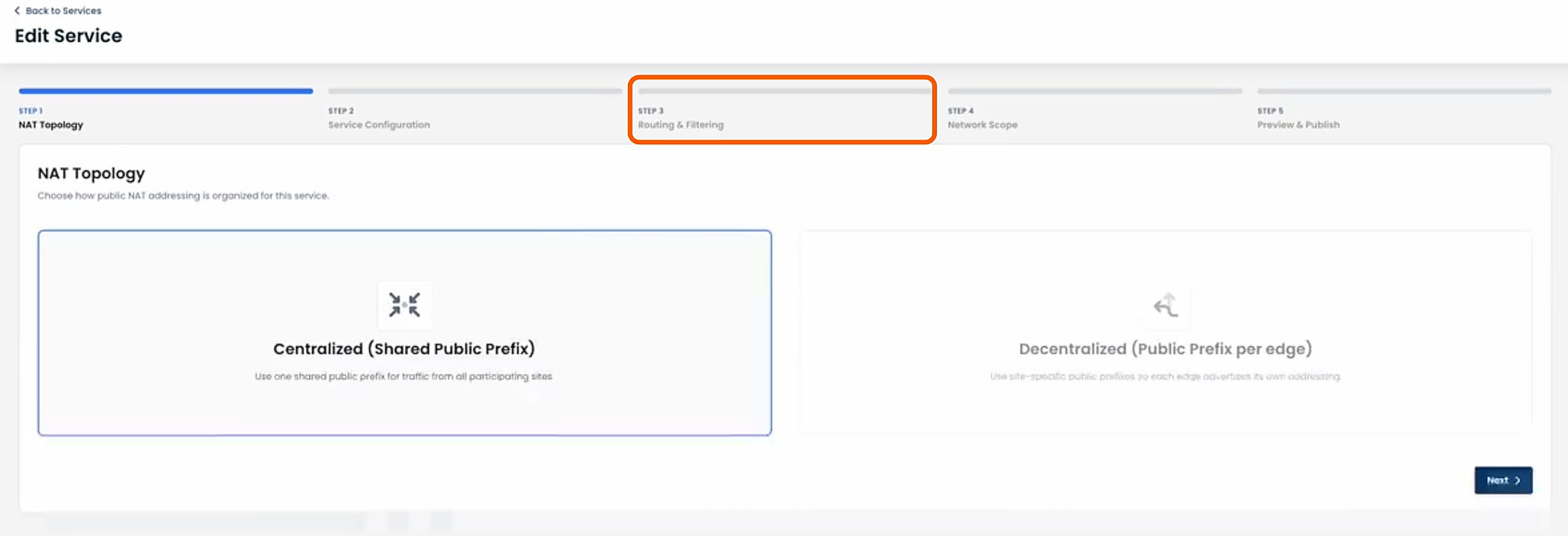 Editing NAT topology settings with options for centralized and decentralized addressing.