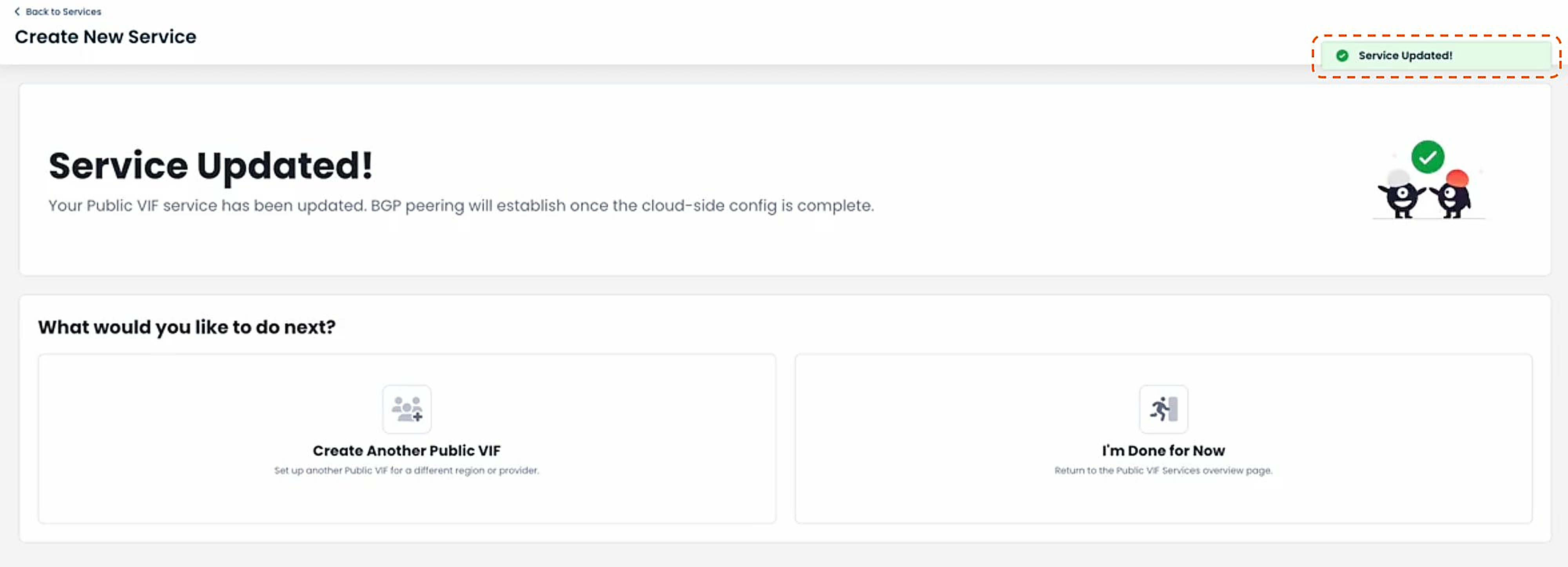 Notification indicating service update for Public VIF with next steps options.