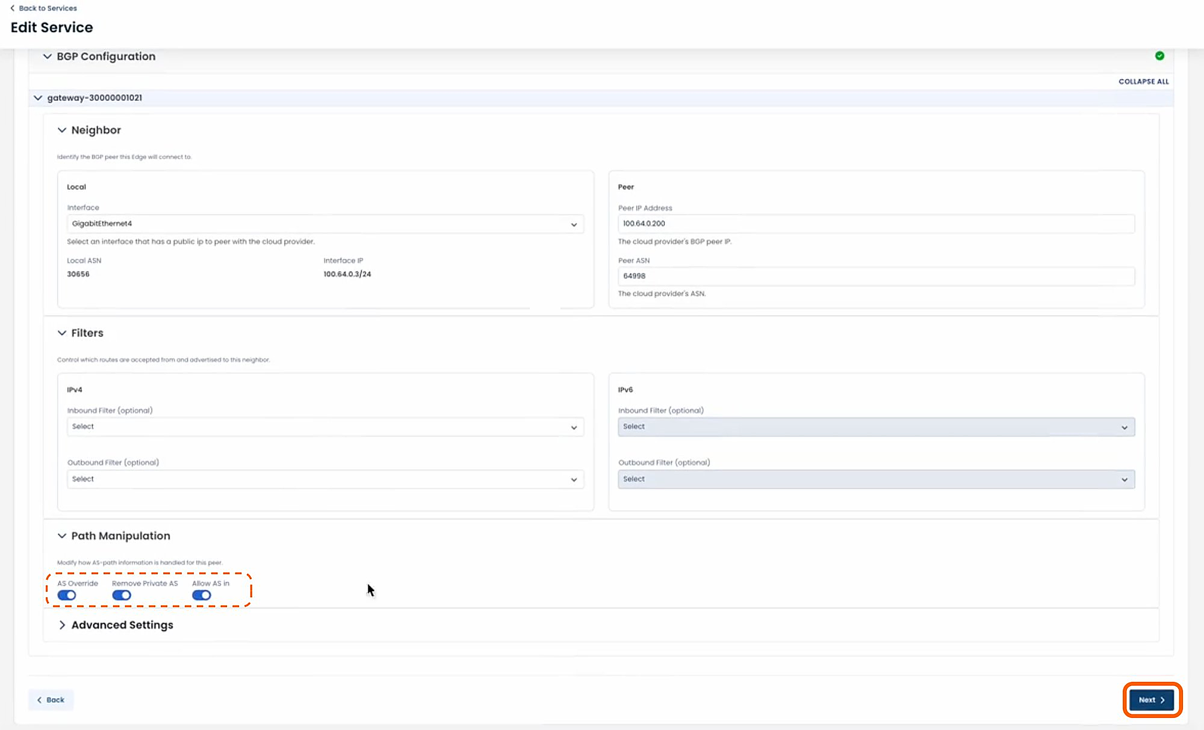 BGP configuration settings including neighbor details and path manipulation options displayed on screen.