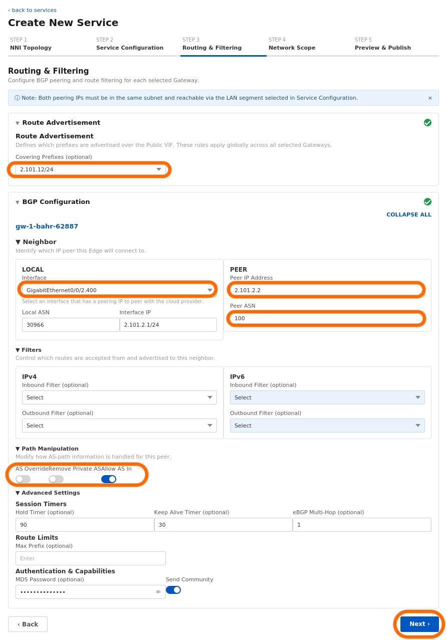 Configuration settings for BGP peering, including route advertisement and filters.