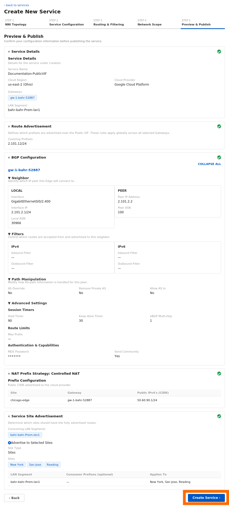 Preview of service configuration details for Google Cloud Platform setup.