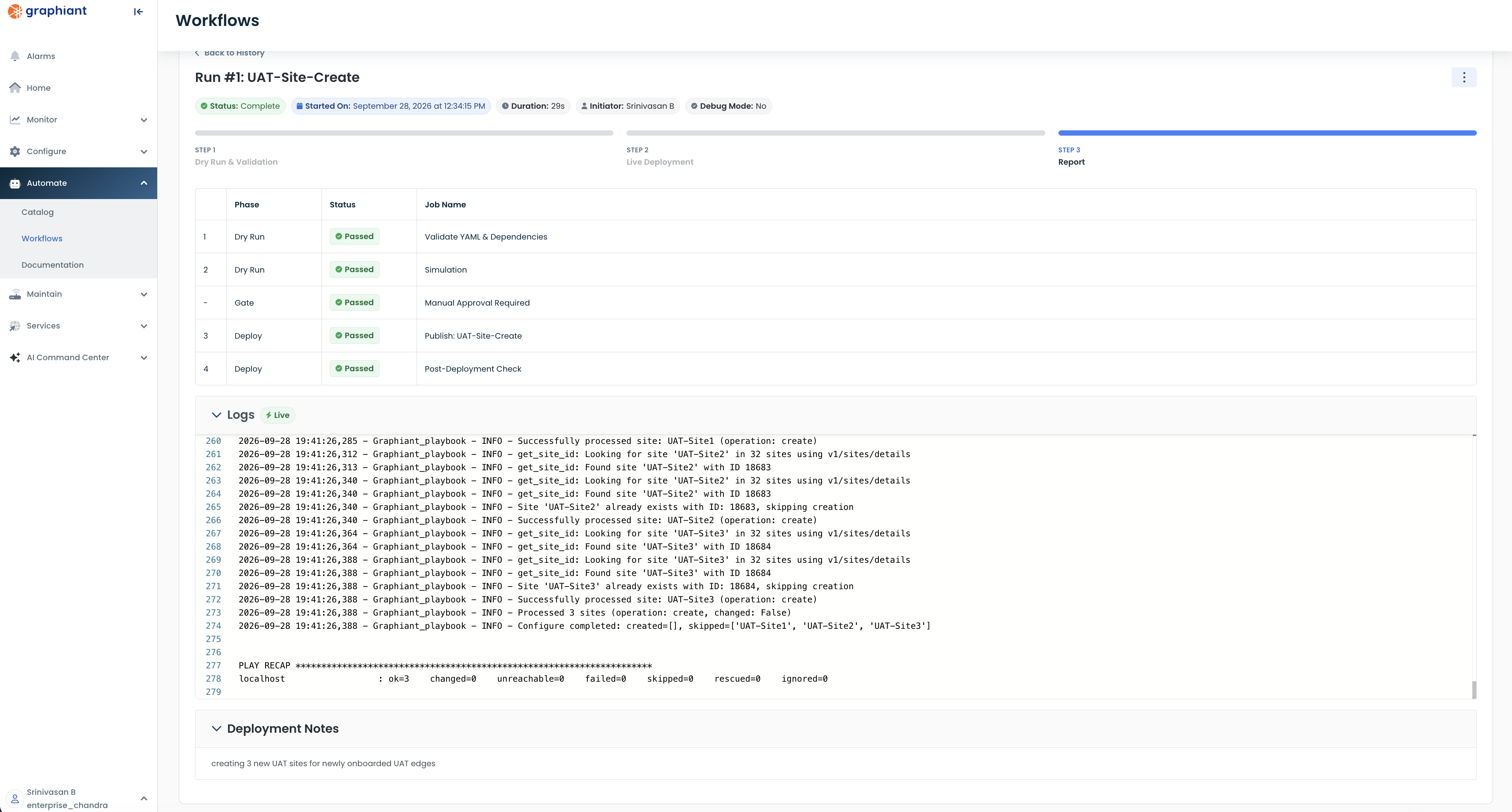 Completed run showing all dry run, approval, and deployment jobs Passed with overall status Complete
