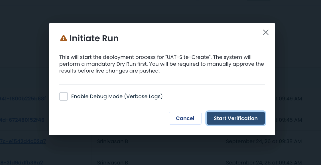 Initiate Run dialog with Enable Debug Mode checkbox and Start Verification button