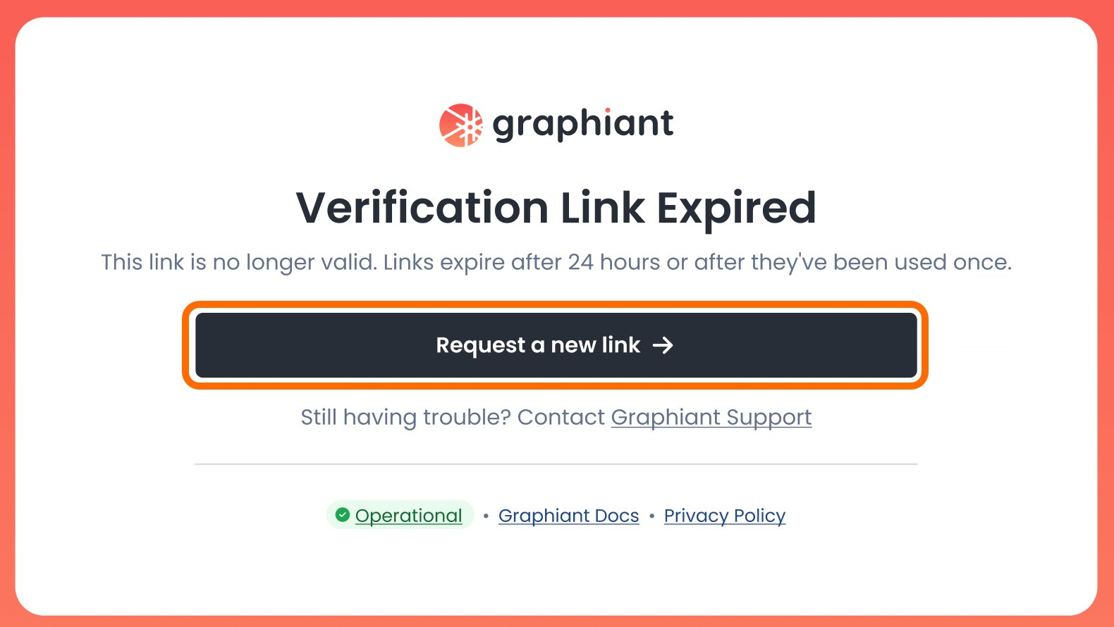 Notification about expired verification link with a request button for a new link.