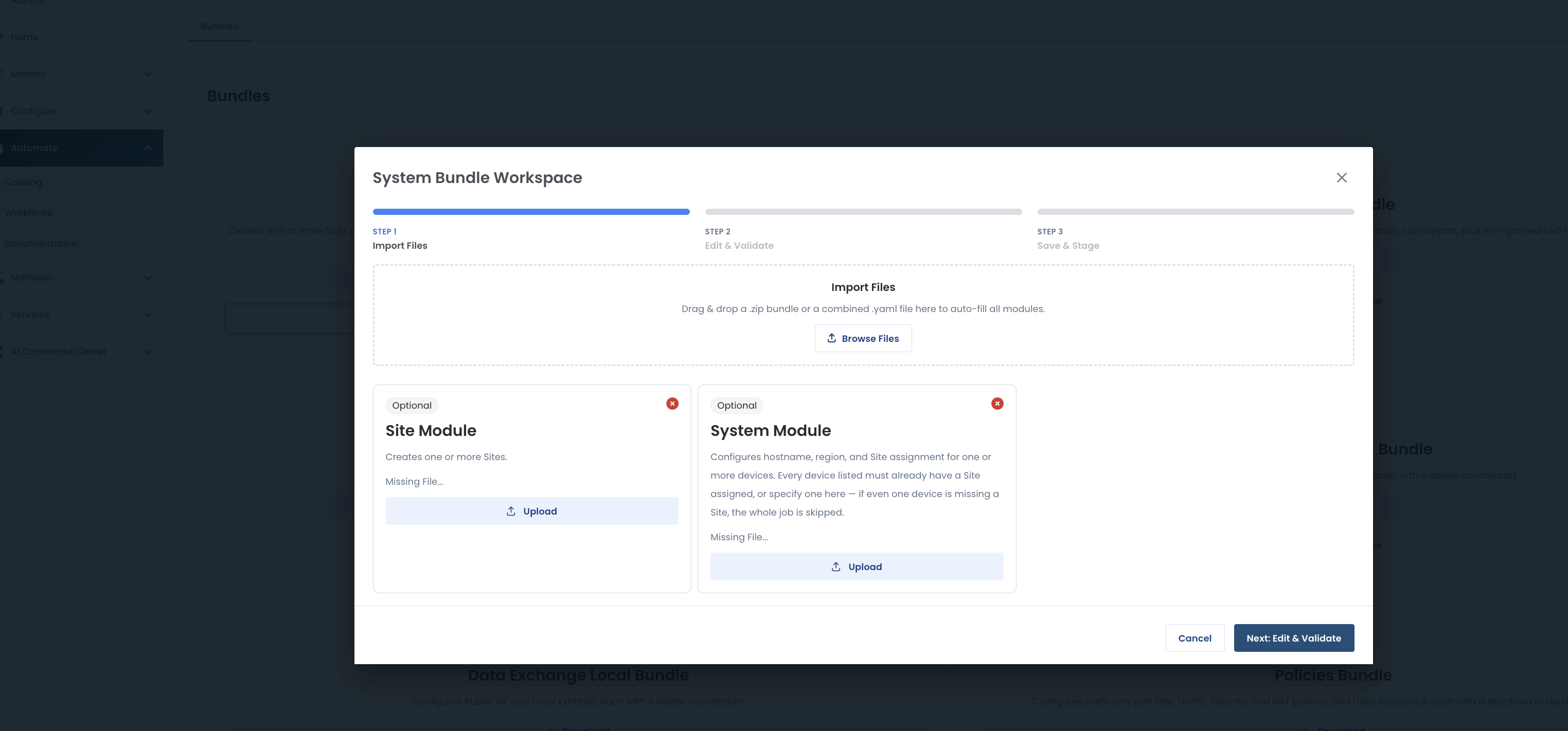 Import Files step with Site Module and System Module cards both showing Missing File