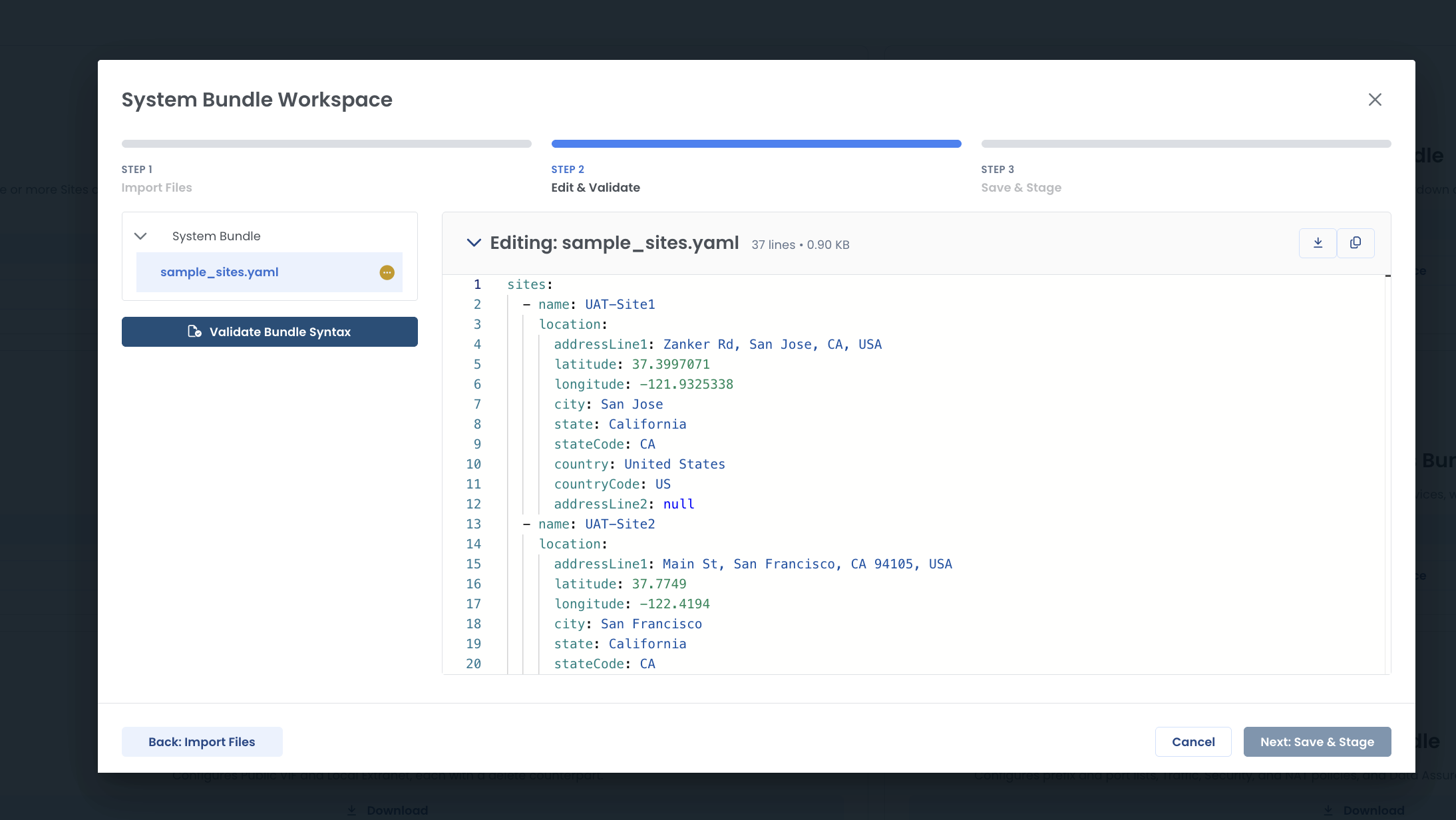Edit and Validate step showing sample_sites.yaml in the code editor with the Validate Bundle Syntax button