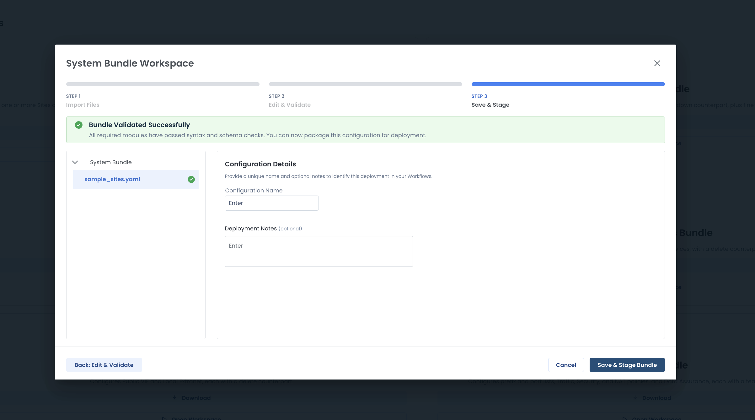 Save and Stage step after successful validation, with empty Configuration Name and Deployment Notes fields