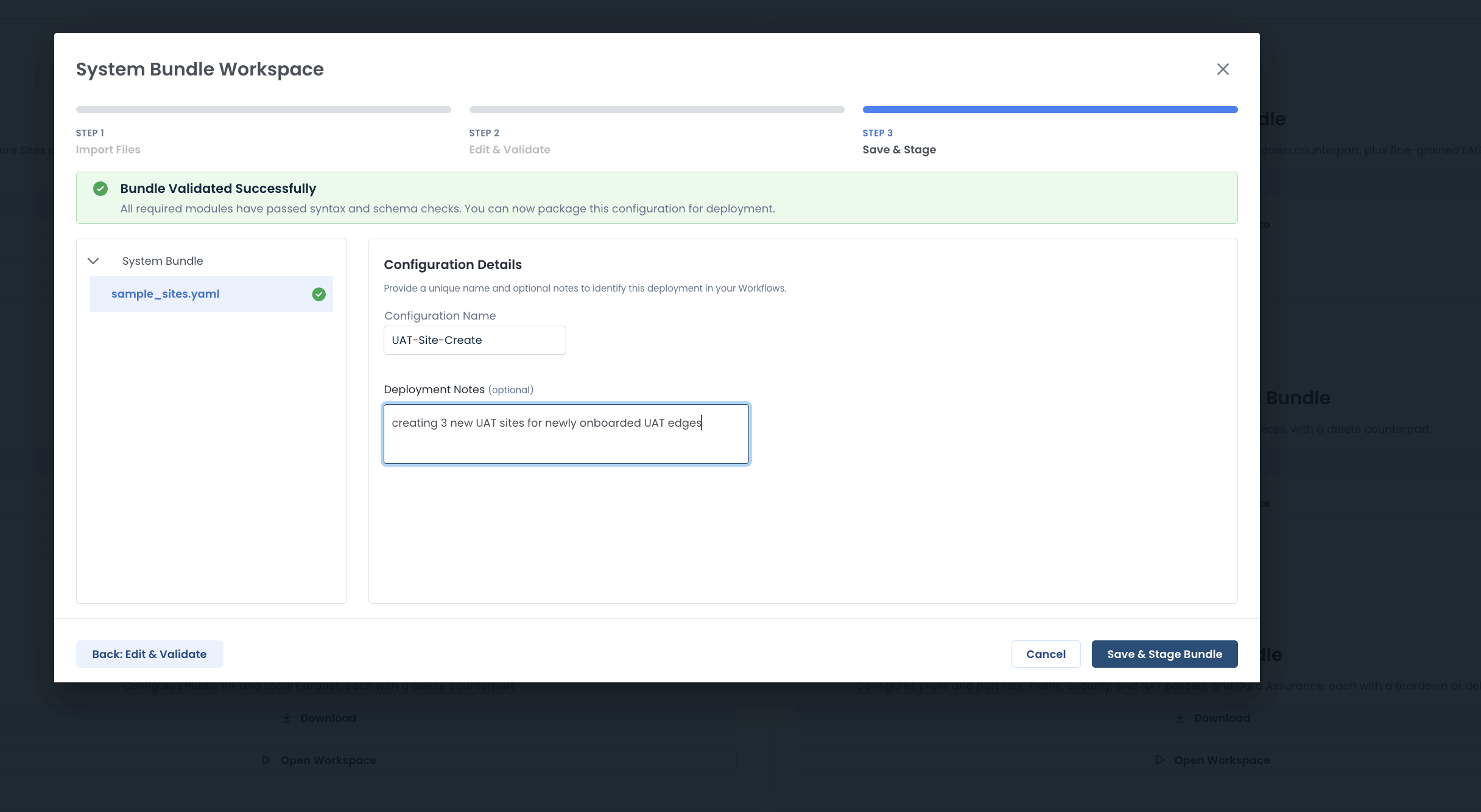 Save and Stage step with Configuration Name set to UAT-Site-Create and deployment notes entered