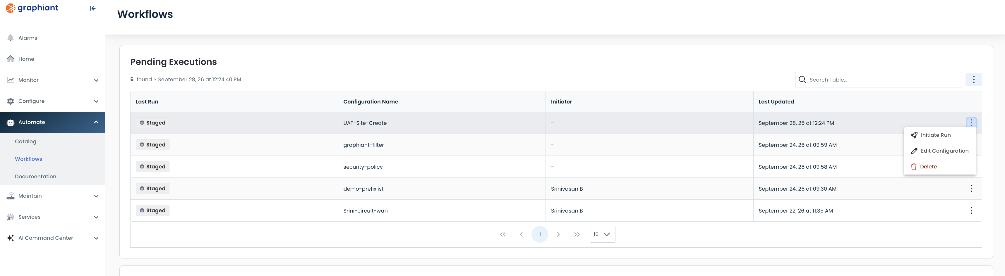 Workflows Pending Executions table listing staged configurations with a row action menu open