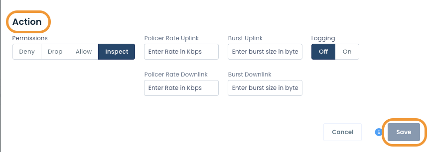 Settings interface showing action options and logging configurations for network management.