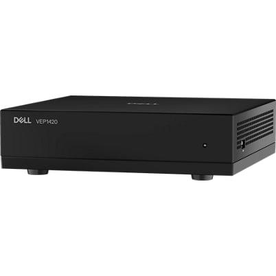 Black Dell VEP1420 edge appliance, front-right view, compact box unit on a white background