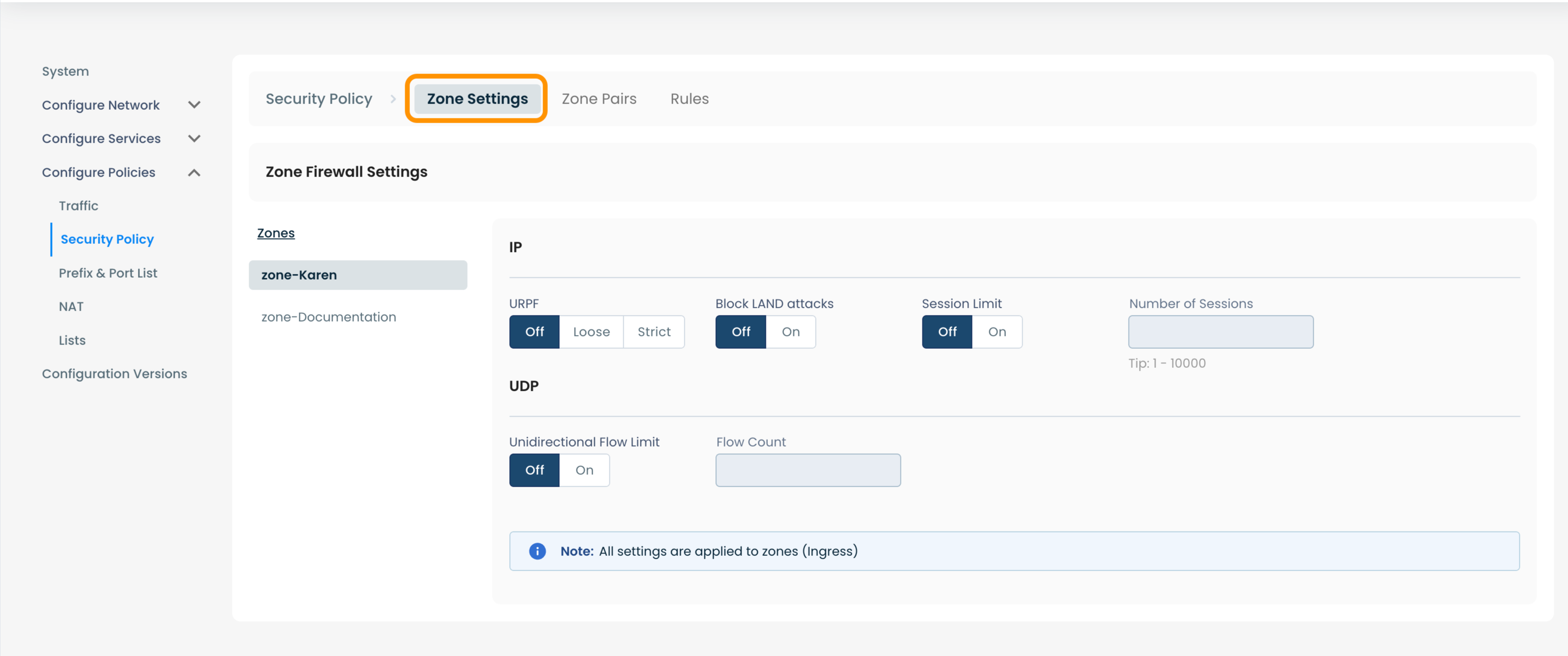 Configuration settings for zone firewall, including IP and UDP options displayed.