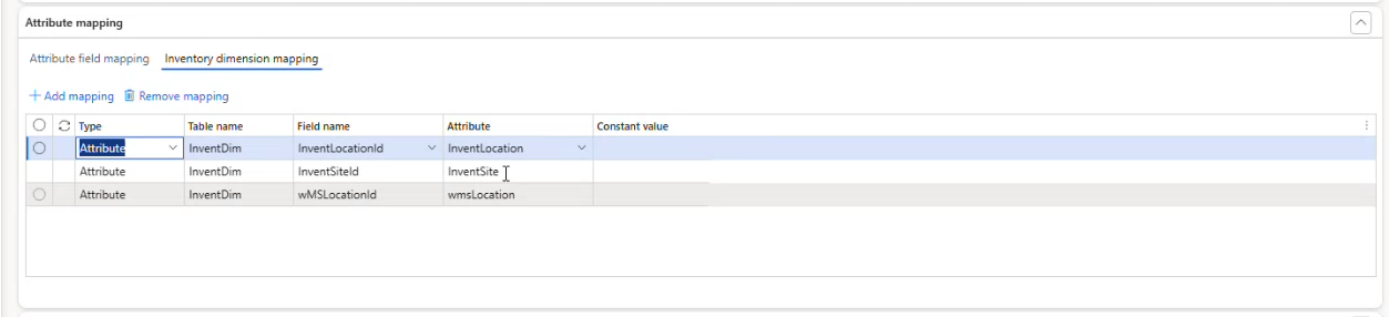 Attribute mapping for inventory dimensions with highlighted fields and constant values.