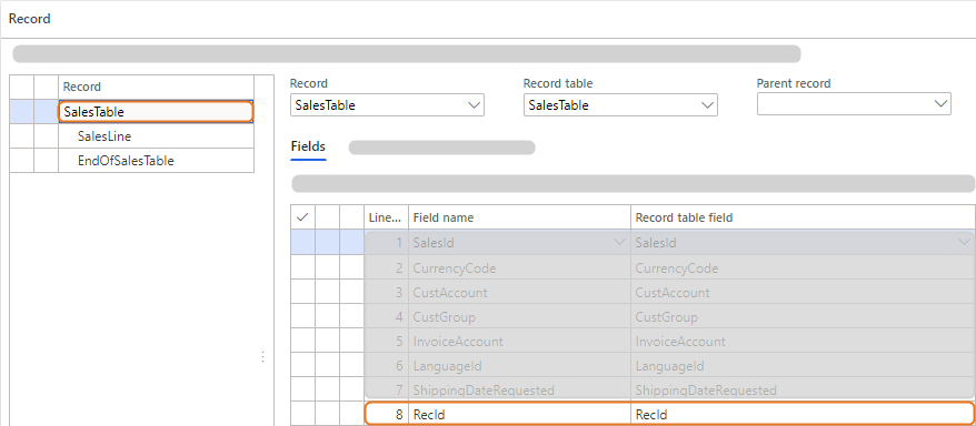 SalesTable record view displaying fields including RecId and CurrencyCode.