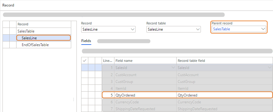 SalesLine record details showing fields like QtyOrdered and related parent record.