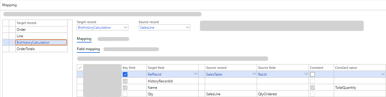 Mapping interface showing target and source records with highlighted fields for data transfer.