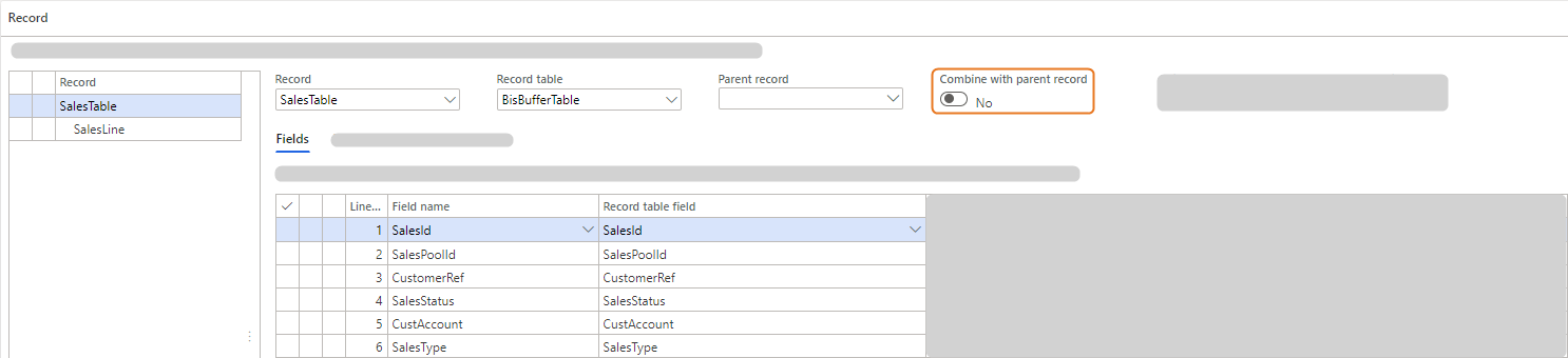 Sales table interface displaying fields and options for record management.