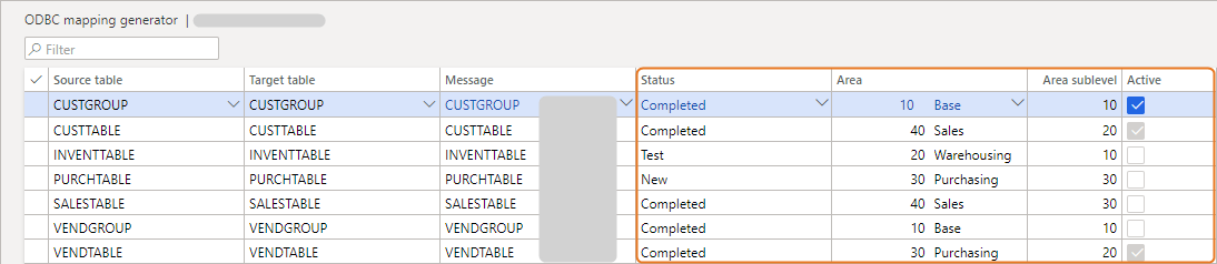ODBC mapping generator displaying source and target table mappings with status and area details.