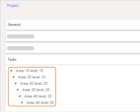 Overview of project tasks with area levels and corresponding values listed clearly.