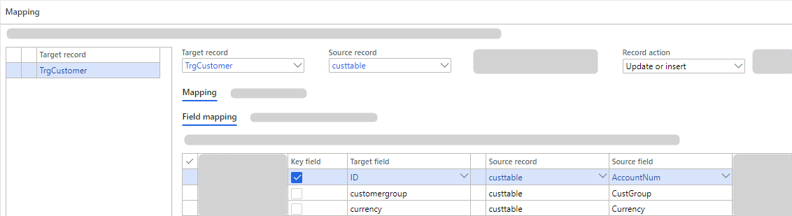 Mapping interface showing target and source records with key fields highlighted.