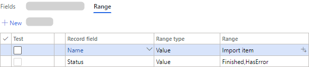 Table displaying record fields, range types, and values for data import status.