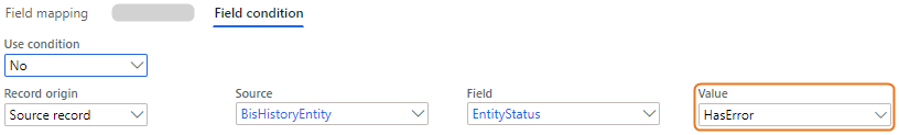 Field mapping settings showing conditions and values for entity status errors.