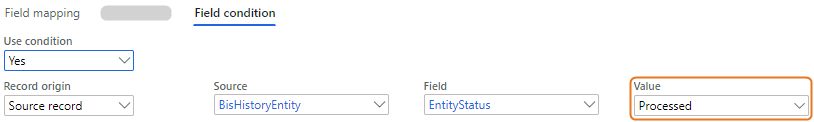 Field mapping settings showing conditions, source, field, and processed value options.
