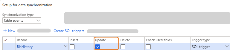 Setup screen for data synchronization with highlighted update option for BisHistory record.