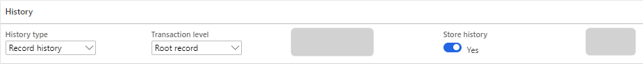 Settings for transaction history type and storage options in a user interface.