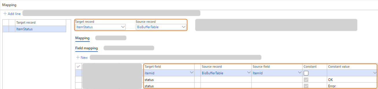 Mapping interface showing target and source records with field mapping details.