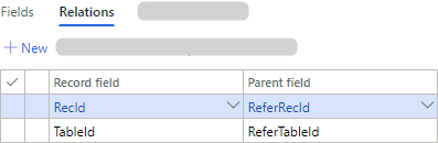 Table showing relations between record fields and parent fields in a database.