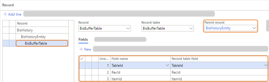 Record details showing BisBufferTable and its associated fields in a database interface.