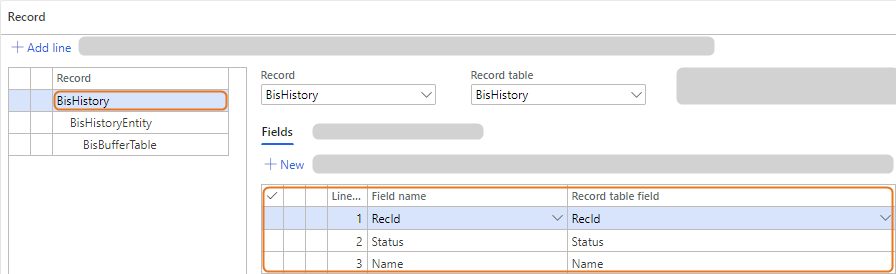 Interface displaying BisHistory record fields including RecId, Status, and Name.