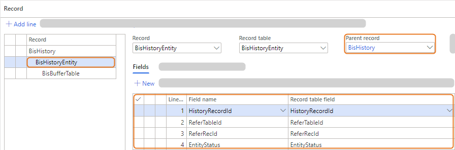 Record management interface displaying fields for BisHistoryEntity and related records.