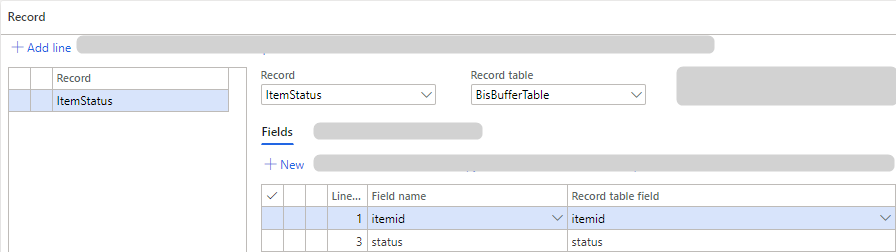 Interface displaying item status and fields in a record table format.