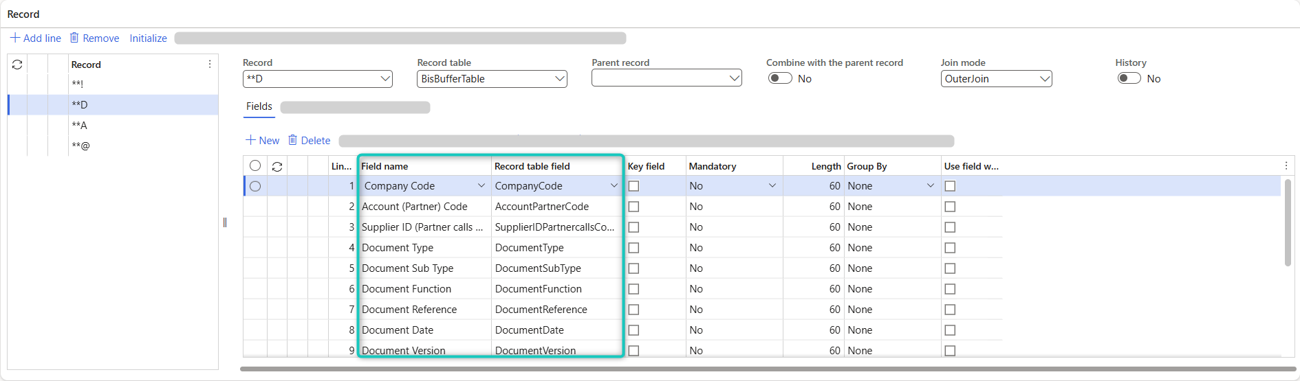 Record table fields including Company Code, Document Type, and other related fields.