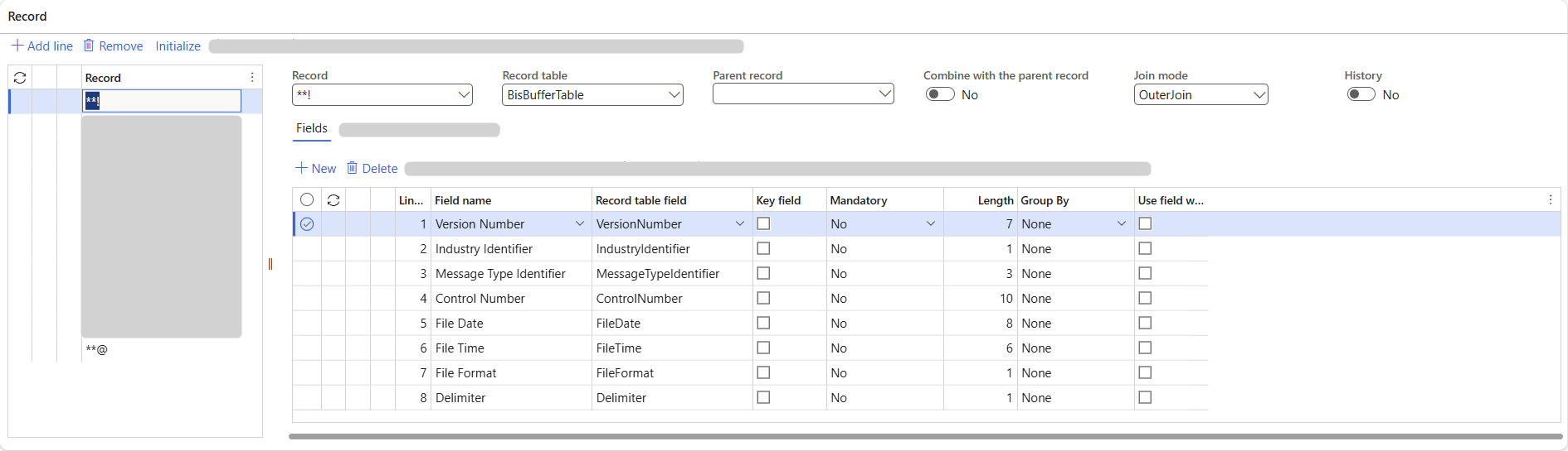 Record table displaying various fields like Version Number and Control Number.