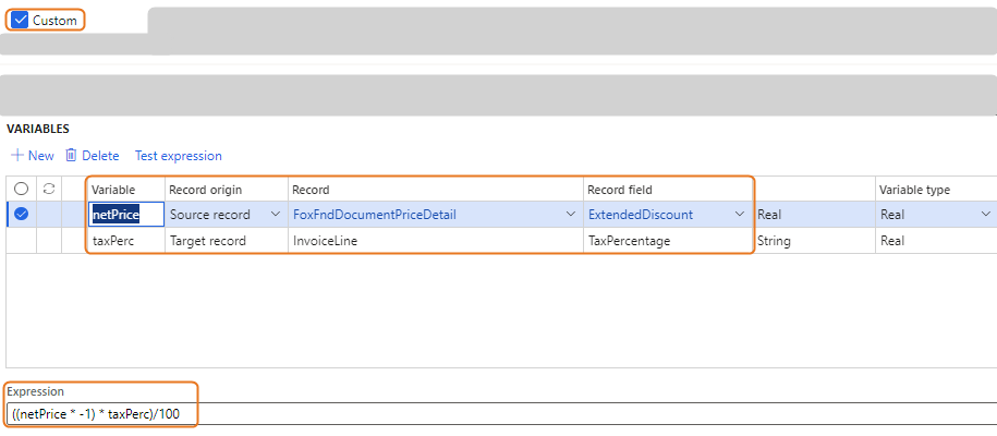 Variables and expressions for calculating extended discount and tax percentage in a document.