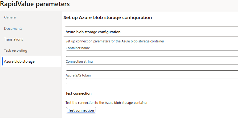 Configuration settings for Azure blob storage, including connection parameters and test connection option.