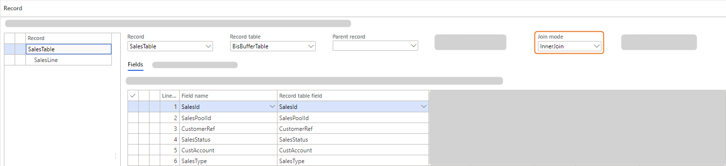 Database record view showing SalesTable and SalesLine with highlighted join mode option.