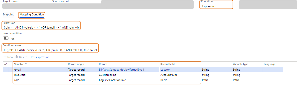 Mapping condition expression and variable details for data record processing.