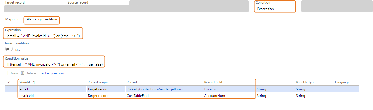 Mapping condition expression for email and invoice ID in target record configuration.