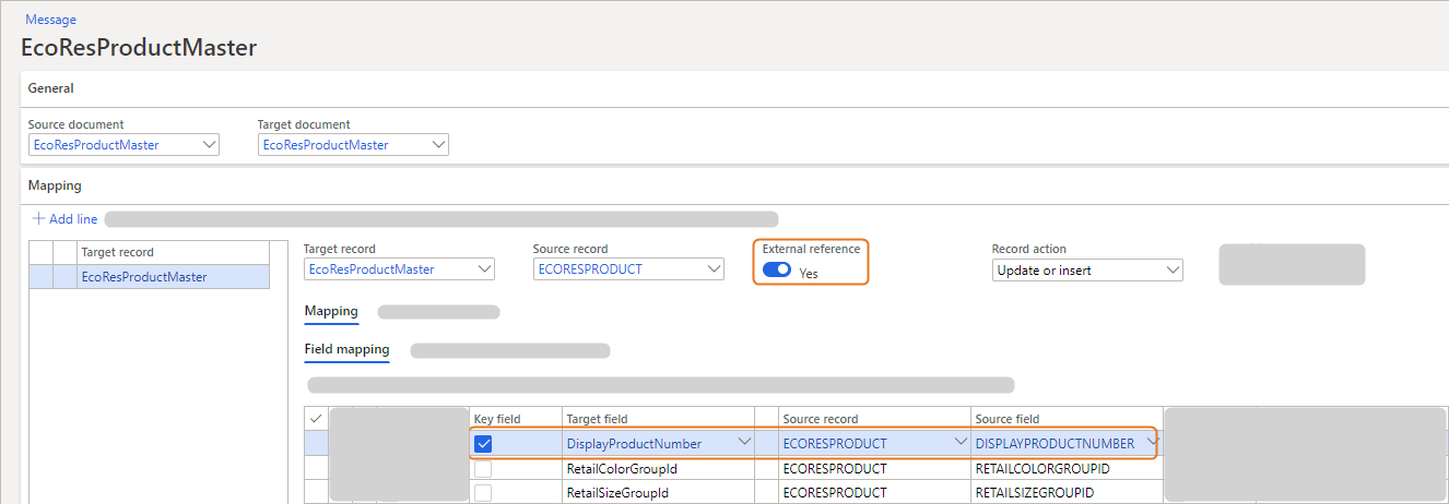 Mapping fields between source and target documents in EcoResProductMaster interface.