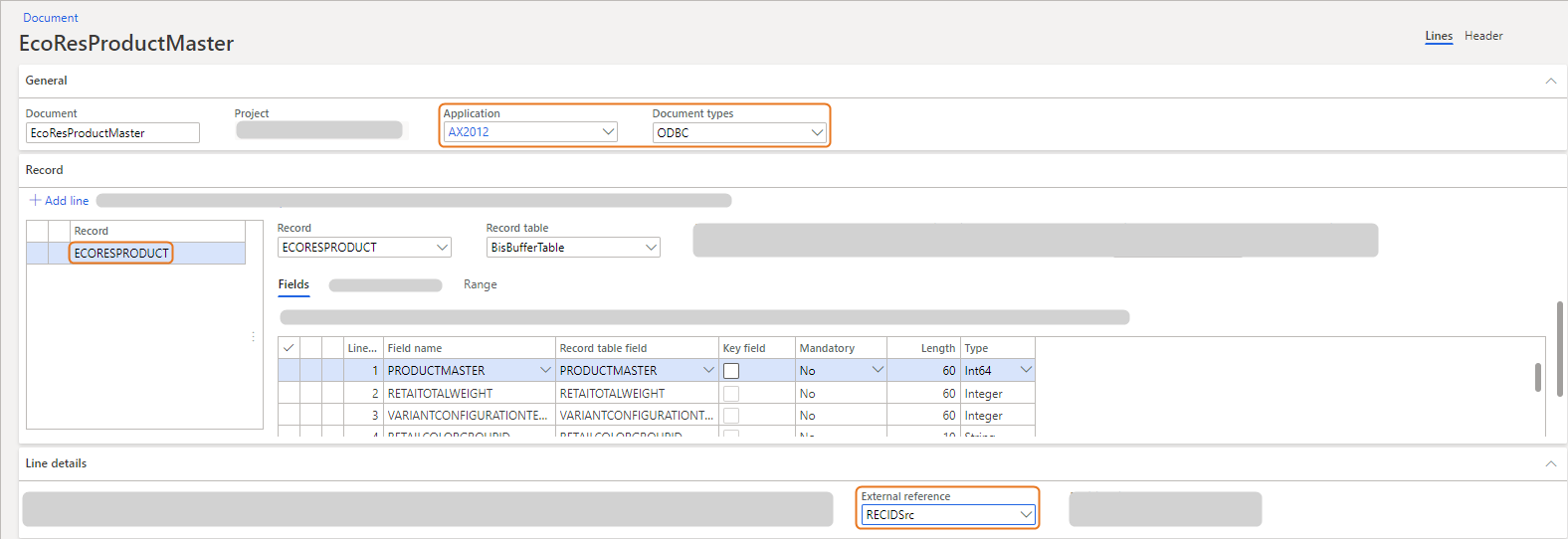 Overview of EcoResProductMaster document with highlighted application and record details.
