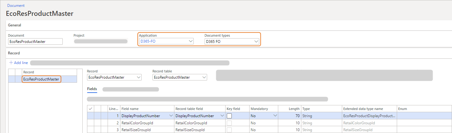 Document overview for EcoResProductMaster with application and record details displayed.