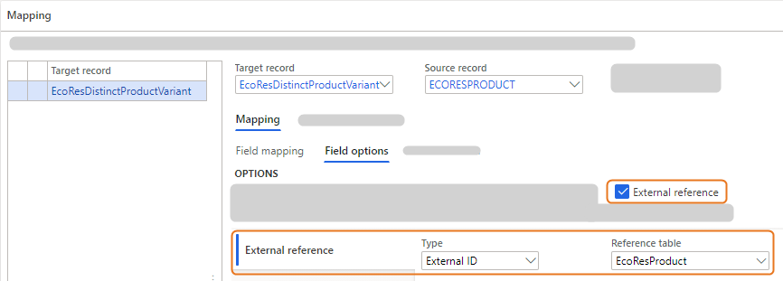 Mapping interface showing target and source records with external reference options highlighted.