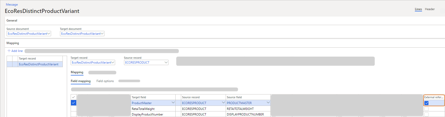 Mapping details for EcoResDistinctProductVariant with source and target document fields.