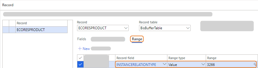 Record details showing fields and range type for INSTANCERELATIONTYPE in BisBufferTable.