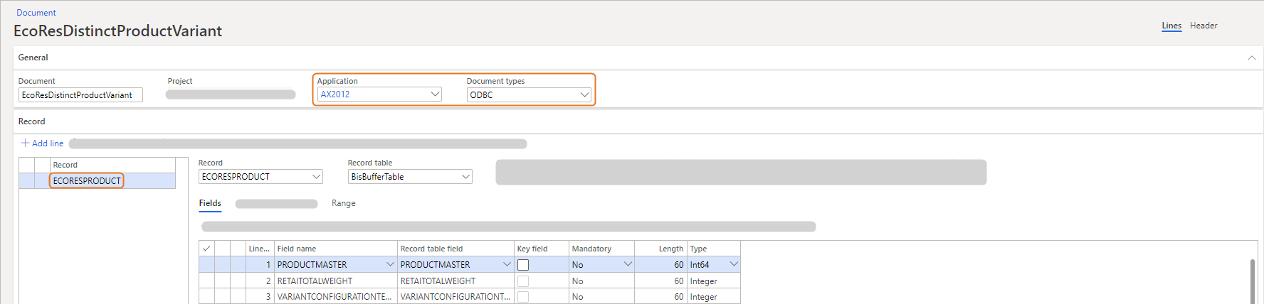 Document interface showing application and record details for EcoResDistinctProductVariant.