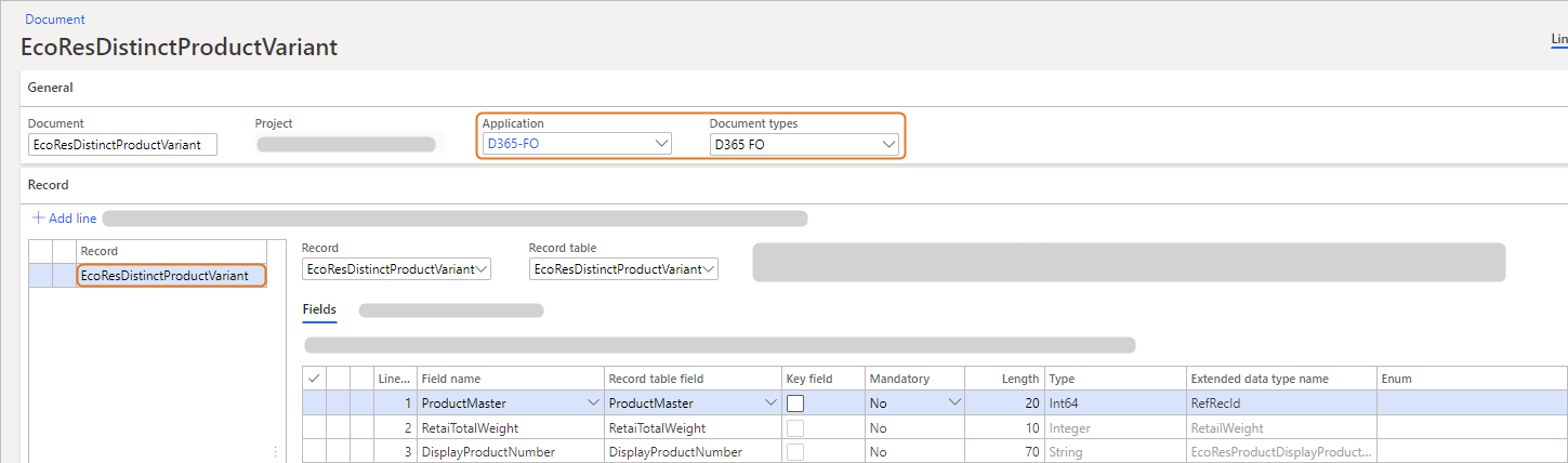 Document overview showing application and record details for EcoResDistinctProductVariant.